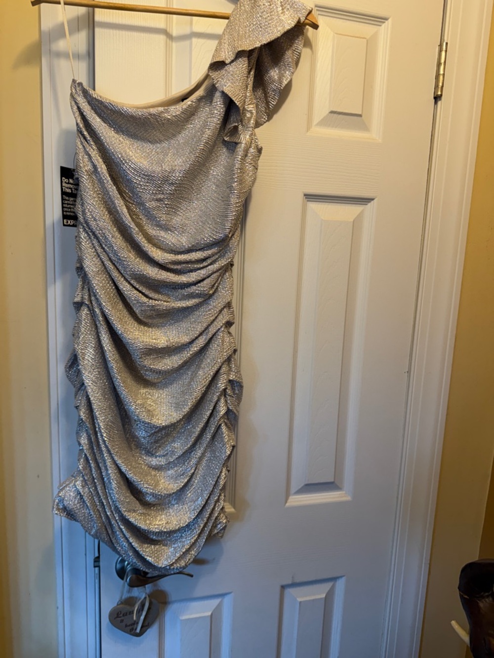 Express One-Shoulder Metallic Silver Ruched Dress
